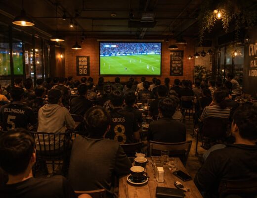 Orang-orang nonton bareng pertandingan sepak bola di kafe