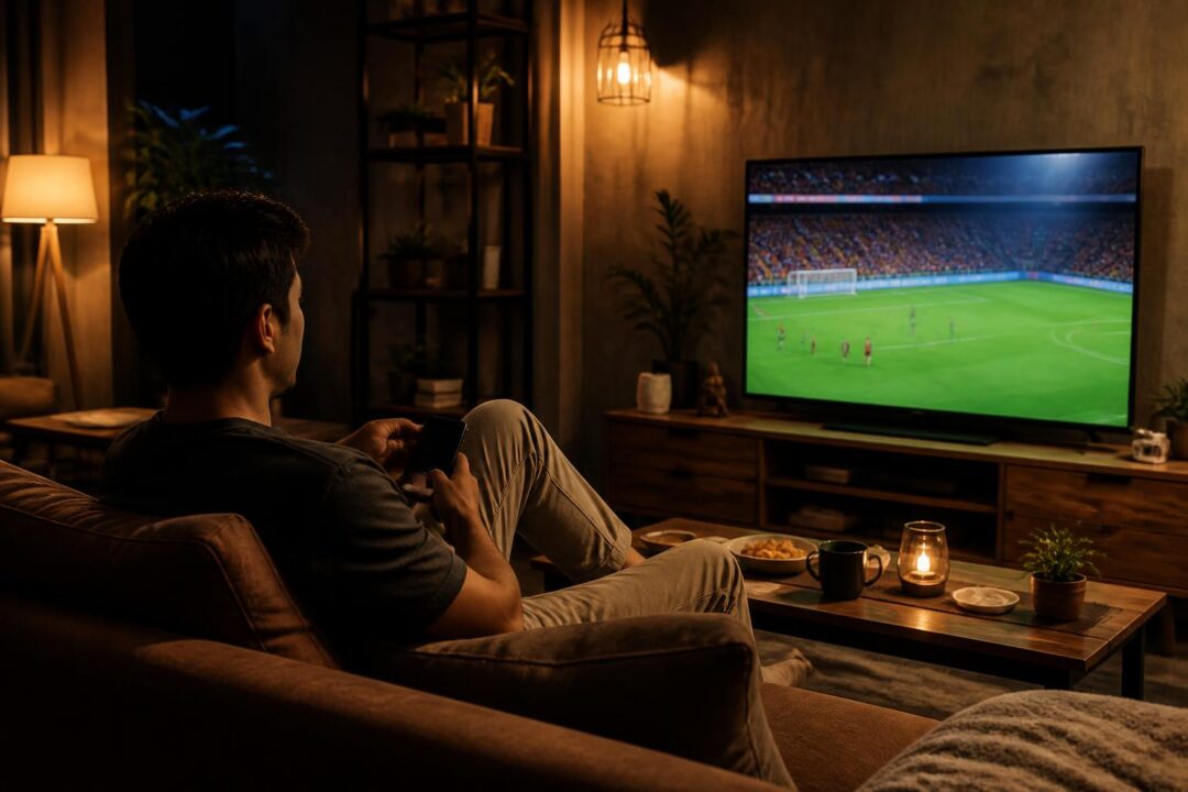Pria menonton bola sambil memegang ponsel di ruang tamu