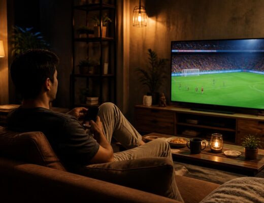 Pria menonton bola sambil memegang ponsel di ruang tamu